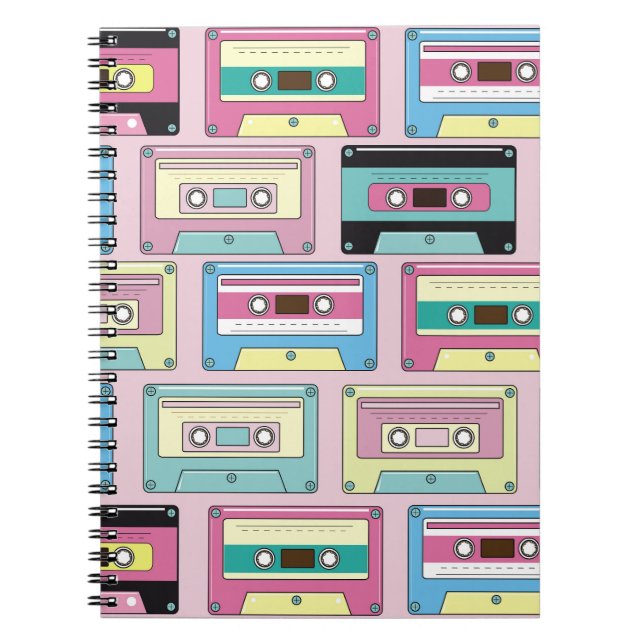 Colourful cassettes, pink background pattern. notebook (Front)