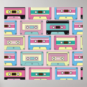 Colourful cassettes, pink background pattern. poster