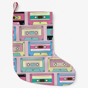Colourful cassettes, pink background pattern. small christmas stocking