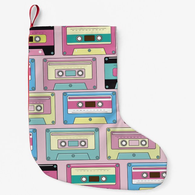 Colourful cassettes, pink background pattern. small christmas stocking (Front)