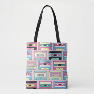 Colourful cassettes, pink background pattern. tote bag