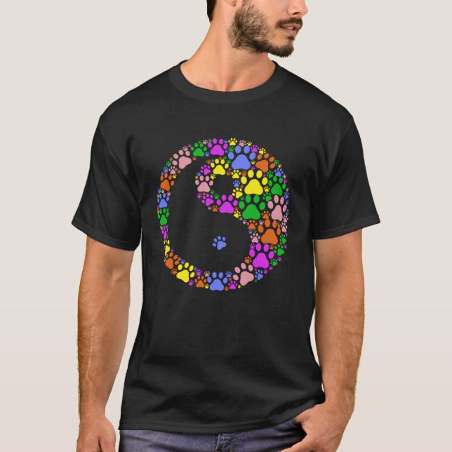 Colourful cat and dog paw prints  Yin Yang T-Shirt (Front)