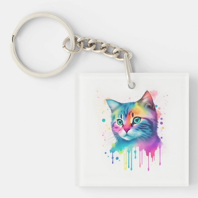 Colourful cat art keychain (Front)