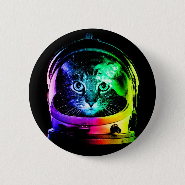 Colourful cat astronaut 6 cm round badge (Front)
