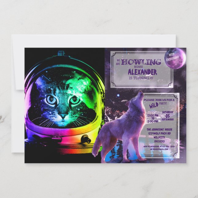 Colourful cat astronaut invitation (Front)