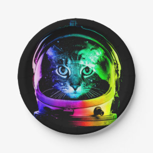 Colourful cat astronaut paper plate