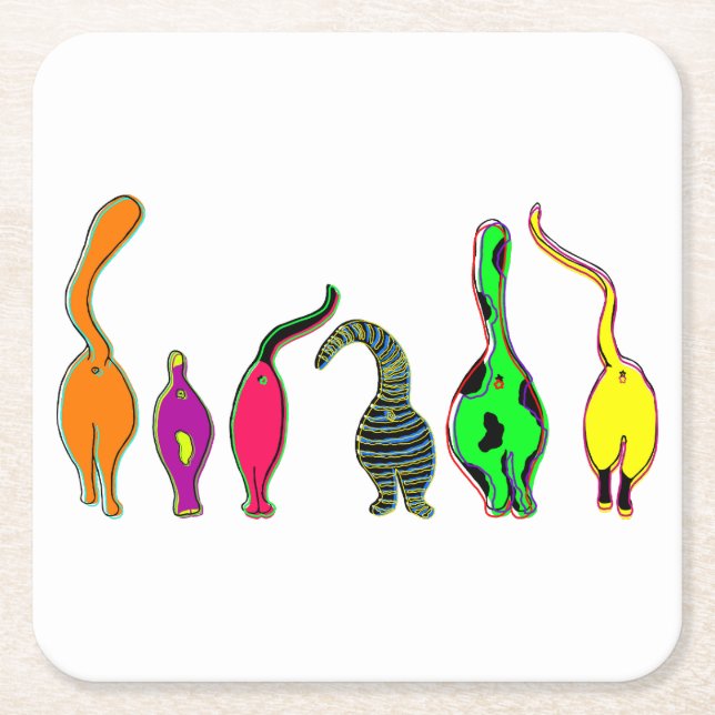 Colourful Cat Butts Square Paper Coaster (Front)