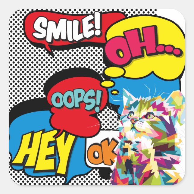 Colourful Cat Comic Hope Iconic Pop Art Square Sticker (Front)