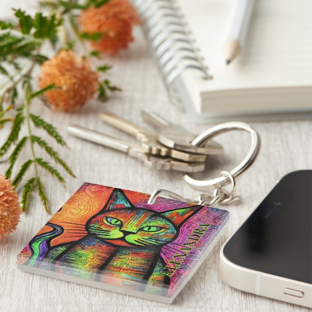 Colourful Cat Custom Name  Key Ring (Front Right)