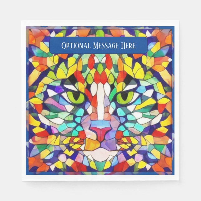 Colourful Cat Face Kaleidoscope - Add Greeting to Napkin (Front)