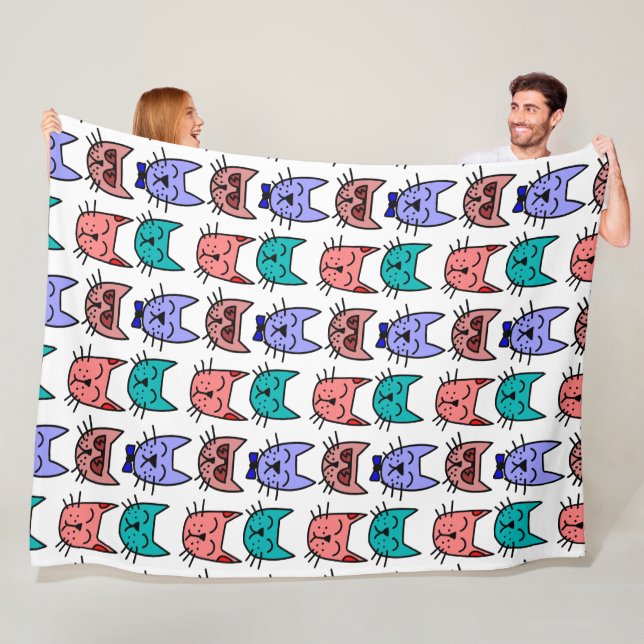 Colourful Cat Faces Retro Doodles Fleece Blanket (In Situ)