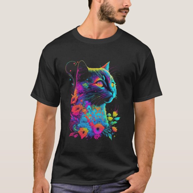 Colourful Cat Flower Psychedelic Art T-Shirt (Front)