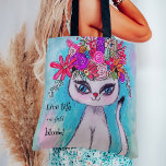 Colourful Cat Fun Spring Flower Cute Inspirational Tote Bag<br><div class="desc">This fun design was created using my original illustration of a Siamese cat with a colourful bouquet of flowers on her head in an array of pinks, reds, blues, purples, yellows, orange, and green vines. It has a customisable quote that reads "live life in full bloom!" on the front and...</div>
