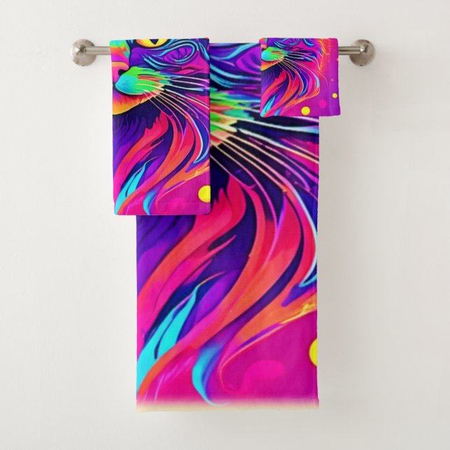 Colourful Cat Head Artwork Bath Towel Set (Insitu)