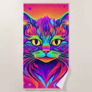 Colourful Cat Head Artwork Beach Towel