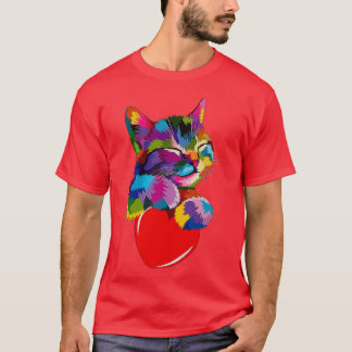 Colourful Cat Hugging Heart T-Shirt