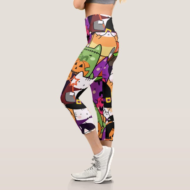 Colourful cat in halloween costume pattern capri leggings (Left)