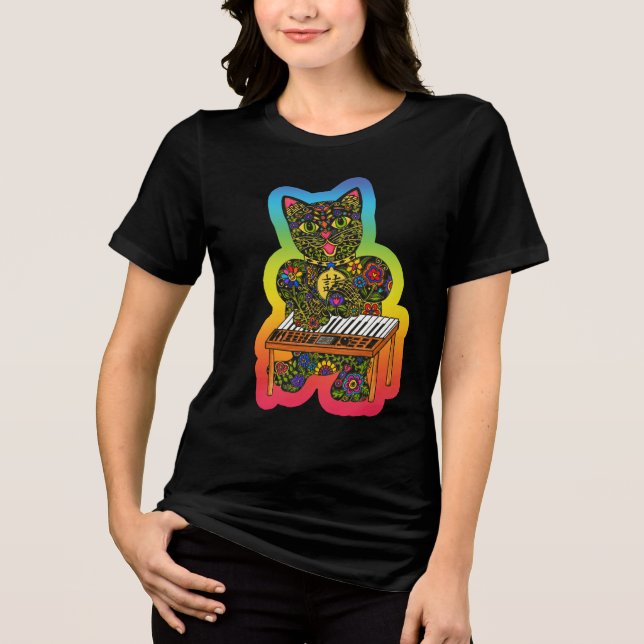 Colourful Cat Keyboard Tee – Art by Carole Bibisi, (Front)