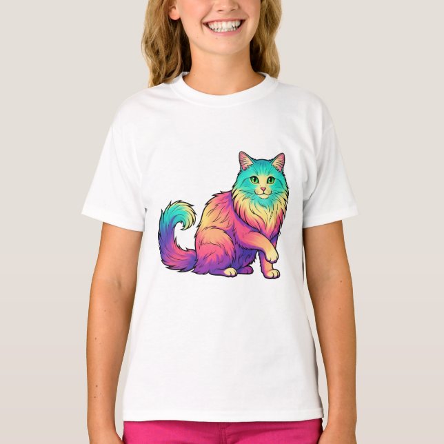 Colourful cat Long Hair cat Lover T-Shirt (Front)