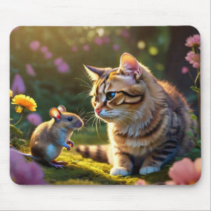 Colourful Cat & Mouse with Flowers Mouse Pad