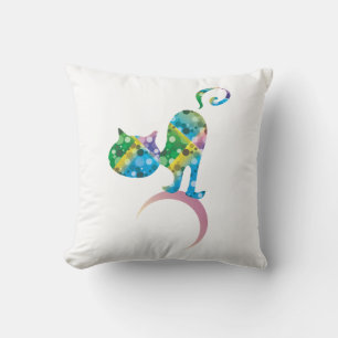 Colourful Cat On Crescent Moon Cushion
