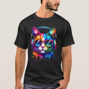 Colourful Cat, Rainbow Kitten, Headphones, Cat Mum T-Shirt