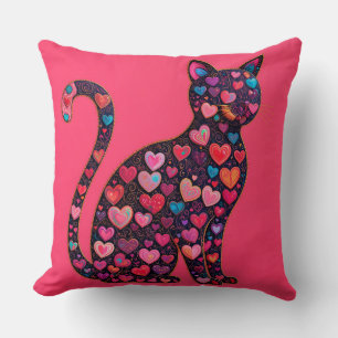 Colourful Cat Silhouette Decorated with Hearts Cushion