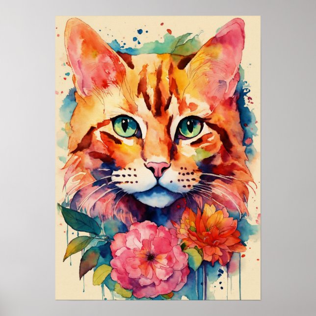 Colourful Cat Silhouette Watercolor Wall Poster (Front)