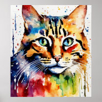 Colourful Cat Silhouette Watercolor Wall Poster