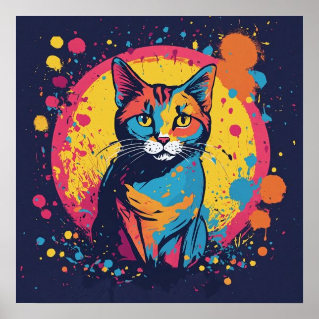 Colourful Cat Silhouette Watercolor Wall Poster (Front)