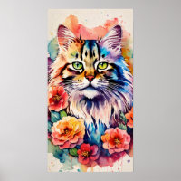 Colourful Cat Silhouette Watercolor Wall Poster