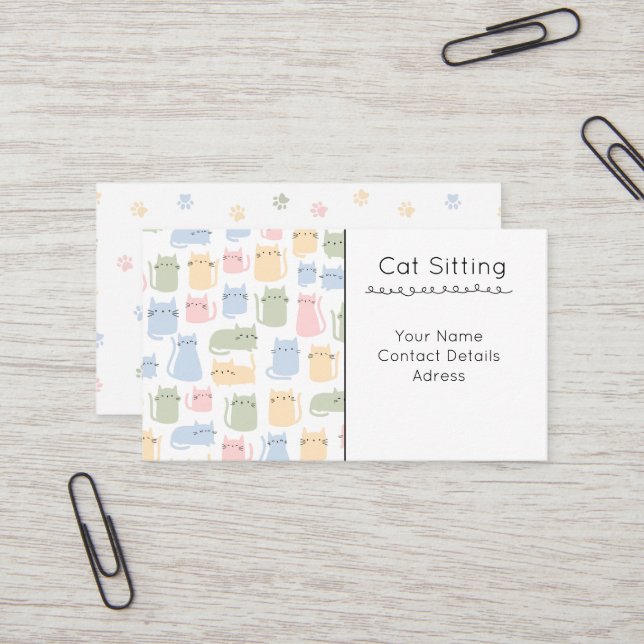 Colourful Cat Sitting Business Card (Front/Back In Situ)