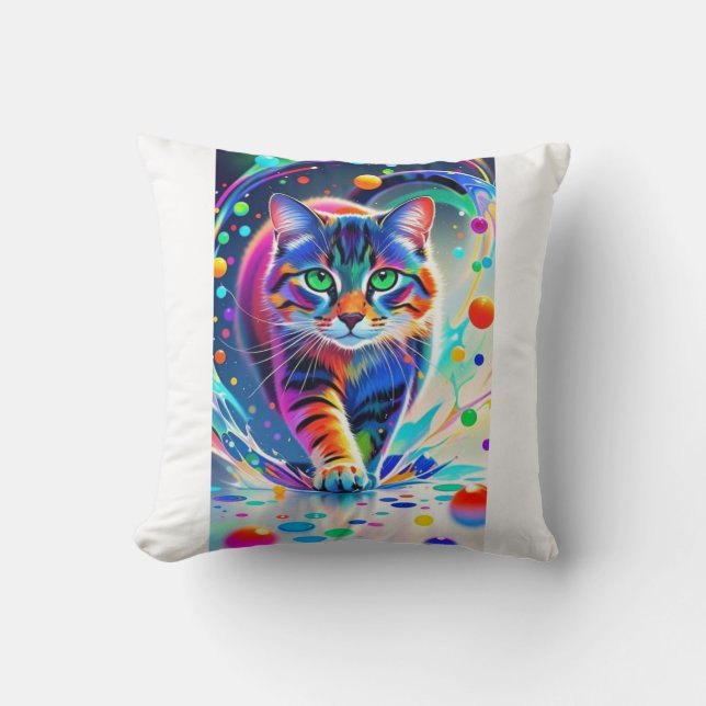 Colourful cat, splash, painting, colouring grading cushion (Front)