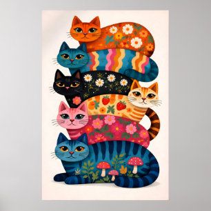 Colourful Cat Stack Poster, Whimsical Floral Anima Poster