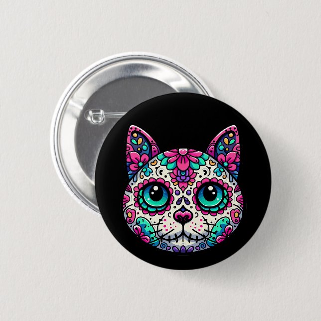 Colourful Cat Sugar Skull 6 Cm Round Badge (Front & Back)