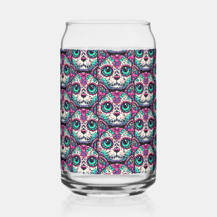 Colourful Cat Sugar Skull Can Glass