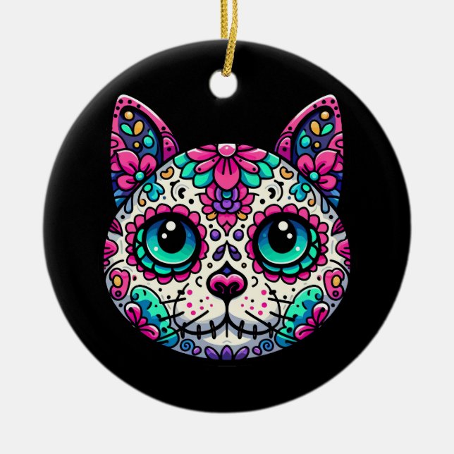 Colourful Cat Sugar Skull Ceramic Tree Decoration (Front)