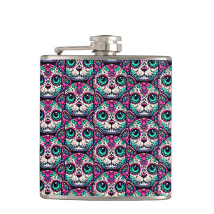 Colourful Cat Sugar Skull Hip Flask