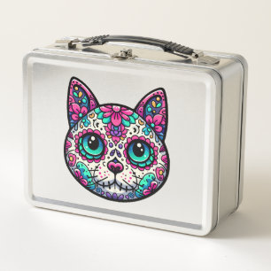 Colourful Cat Sugar Skull Metal Lunch Box