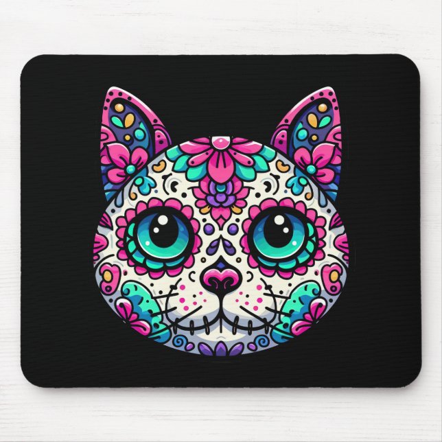 Colourful Cat Sugar Skull Mouse Pad (Front)