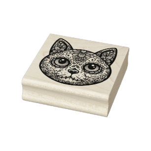 Colourful Cat Sugar Skull Rubber Stamp