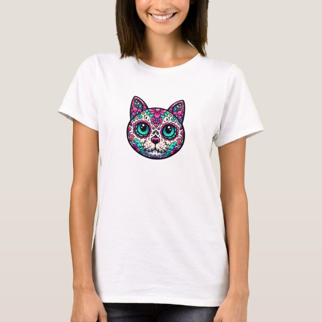Colourful Cat Sugar Skull T-Shirt (Front)
