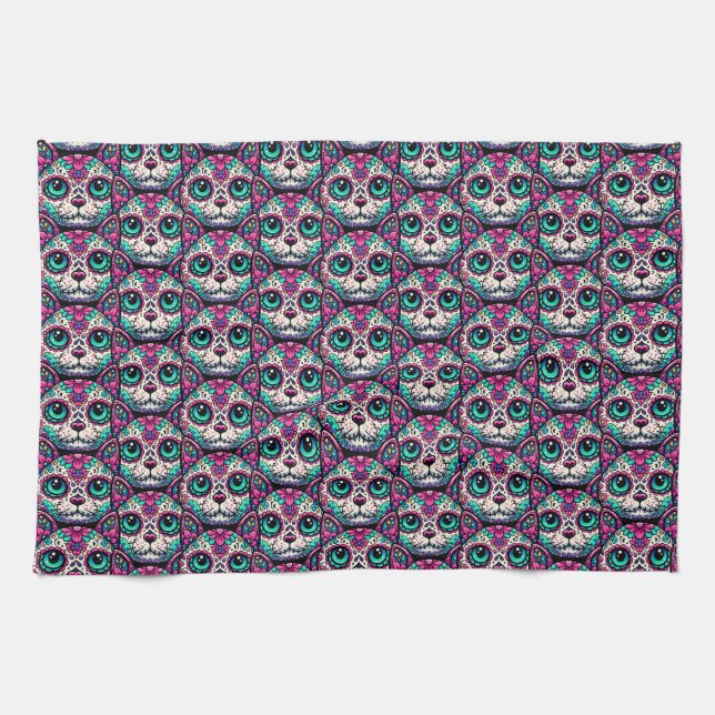 Colourful Cat Sugar Skull Tea Towel (Horizontal)