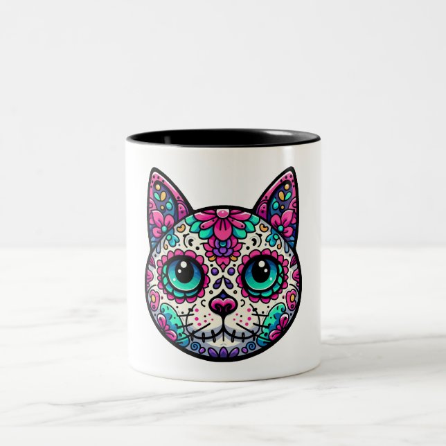 Colourful Cat Sugar Skull Two-Tone Coffee Mug (Center)