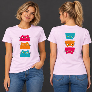 Colourful Cat Trio Funny Front and Back T-Shirt
