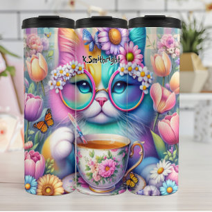 Colourful Cat Wearing Glasses Drinking Tea Thermal Tumbler