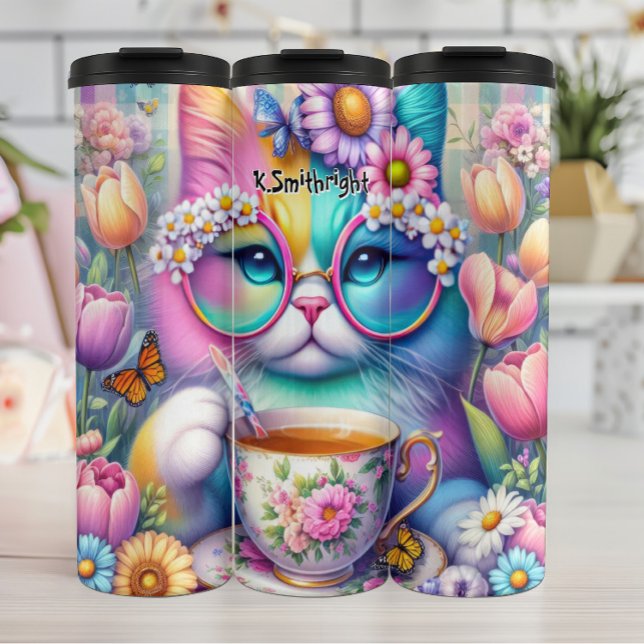 Colourful Cat Wearing Glasses Drinking Tea Thermal Tumbler (Creator Uploaded)