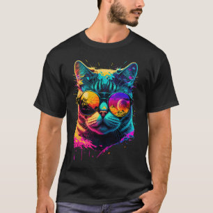 Colourful cat wearing glasses graphic T-Shirt