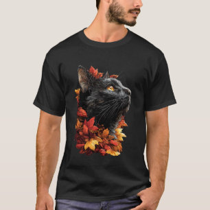 Colourful Cat with Autumn Leaves Fall Flowers Feli T-Shirt