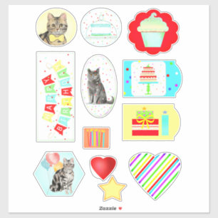 Colourful Cats and Cakes Birthday Stickers